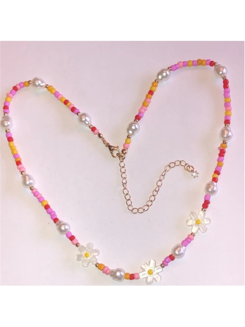 Pink Colorful Seed Bead Beaded Mother of Pearl Flower Necklace